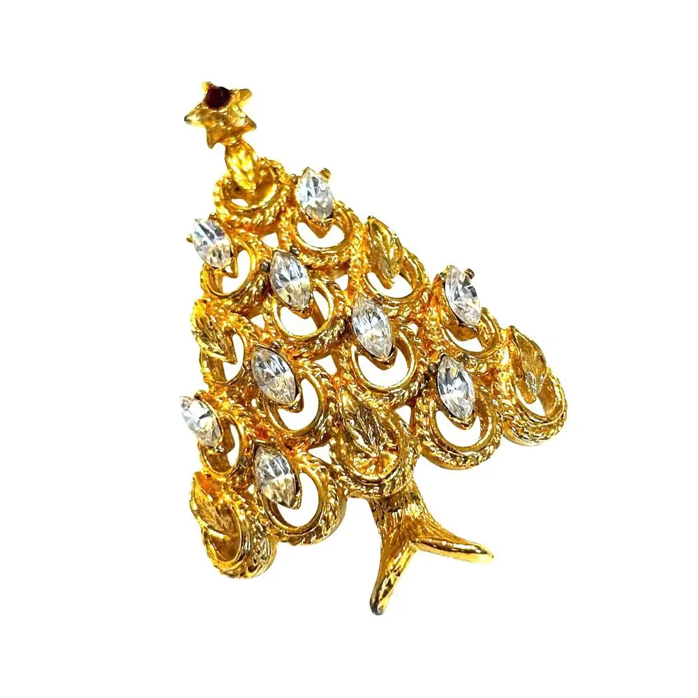Vintage Christmas tree brooch goldtone & white rhinestones textured dimensional